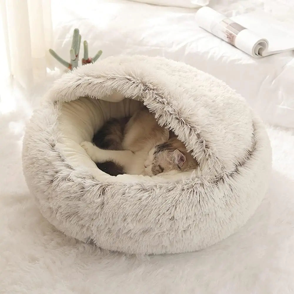 Soft Plush Pet Bed with Cover round Cat Bed Pet Mattress Warm Cat Dog 2 in 1 Sleeping Nest Cave for Small Dogs